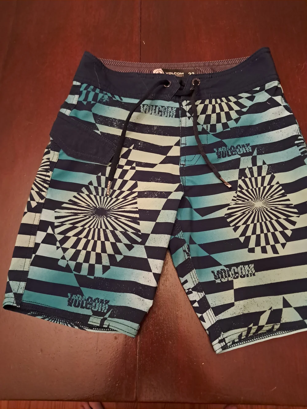 Volcom Men’s Teal and Black Geometric Stripe Board Shorts